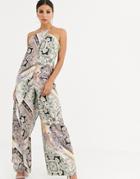 Asos Design Cross Front Jumpsuit With Drape In Scarf Print - Multi