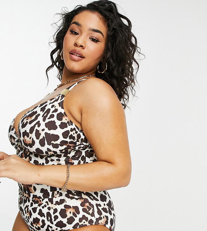Figleaves Plus Illusion Draped Firm Control Swimsuit In Mala Leopard-brown