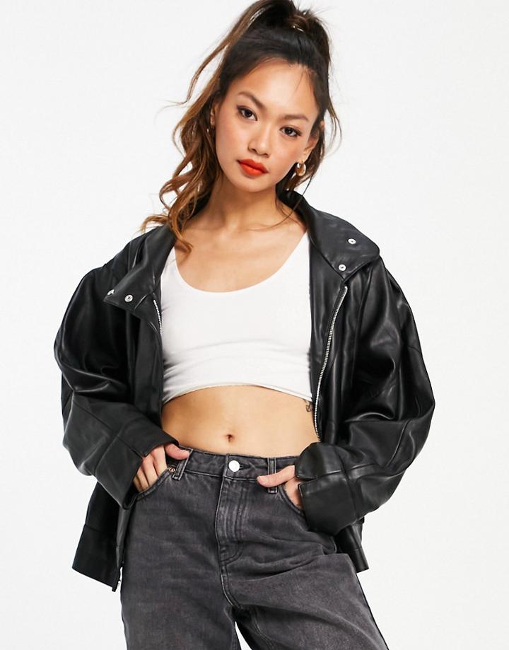 Mango Oversized Faux Leather Biker Jacket In Black