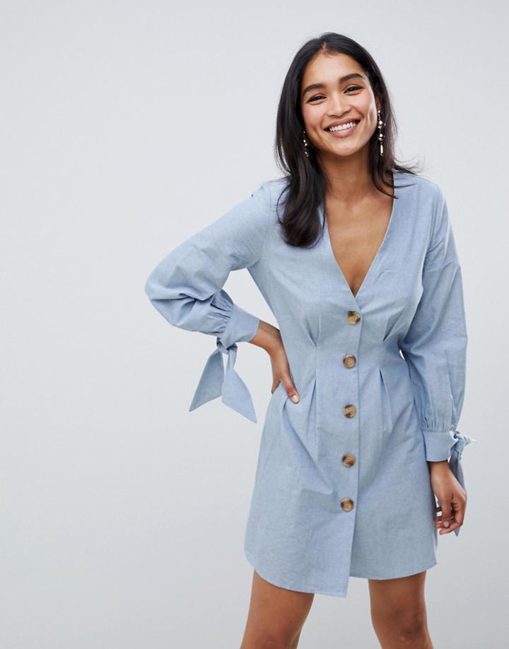 Asos Design Button Through Mini Skater Dress With Tie Sleeves In Chambray - Blue