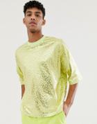 Asos Design Oversized Cropped T-shirt In Neon Green With All Over Gold Foil Leopard Print