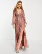 Asos Design Floral Embellished Wrap Maxi Dress With Blouson Sleeve And Ribbon Waist-pink