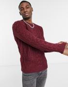 Asos Design Heavyweight Cable Knit Crew Neck Sweater In Burgundy-red