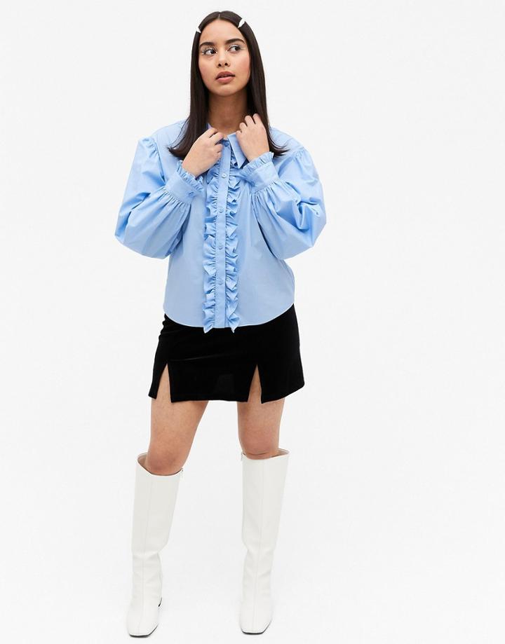 Monki Camina Cotton Ruffle-front Tuxedo Shirt In Blue