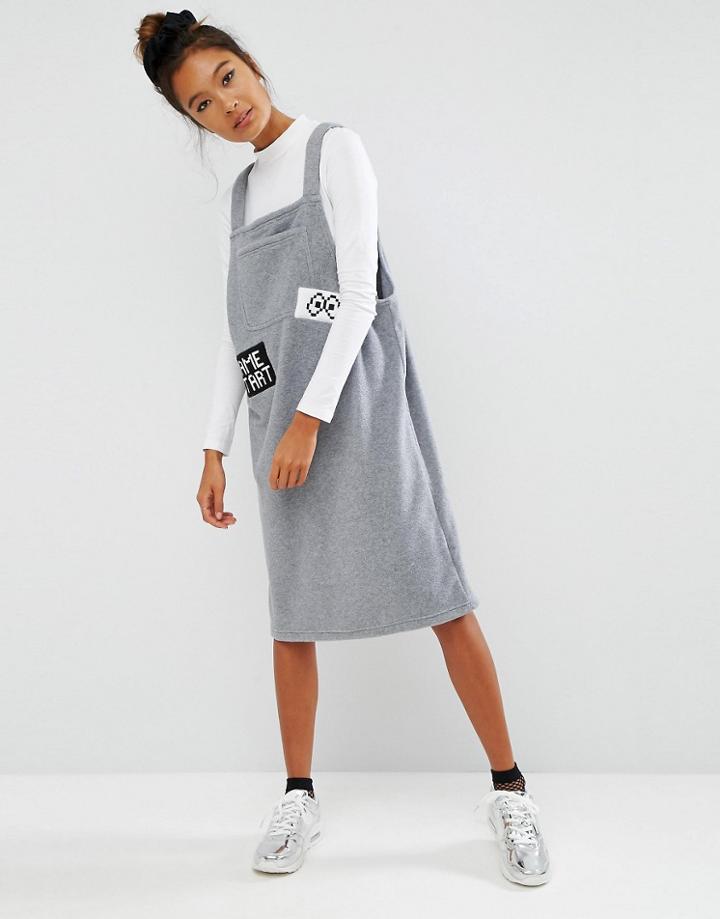 Mini Cream Pinny Dress With Patch Detail & Front Pocket - Gray