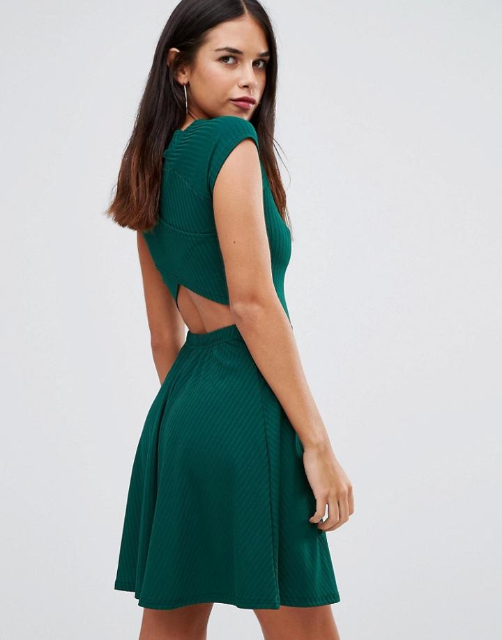 Club L Ribbed Cross Back Skater Dress - Green