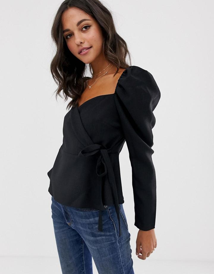 Asos Design Long Sleeve Wrap Top With Sweetheart Neckline-black