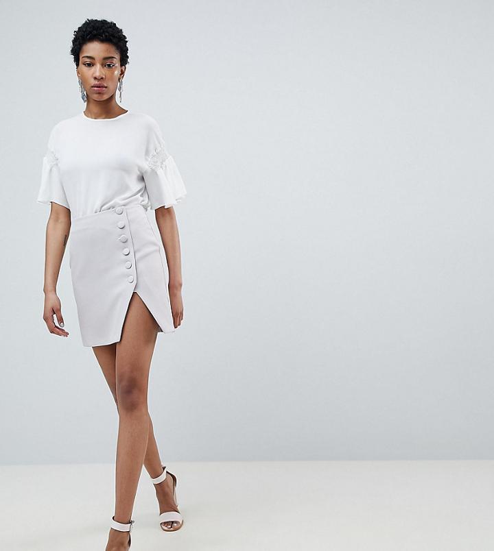 Asos Design Tall Side Button Mini Skirt With Split Front - Silver