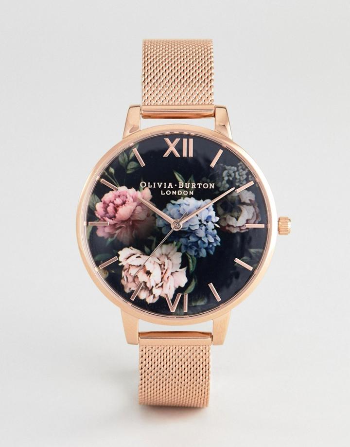 Olivia Burton Ob16wg52 Dark Bouquet Mesh Watch In Rose Gold - Gold