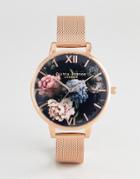 Olivia Burton Ob16wg52 Dark Bouquet Mesh Watch In Rose Gold - Gold