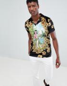 Asos Design Polo With All Over Hula Girl Print In Velour With Revere Collar - Black