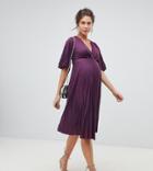 Asos Design Maternity Kimono Pleated Midi Dress-purple