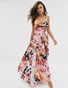 Asos Design Strappy Pleated Maxi Dress With Ruffle Pleat Detail In Floral - Multi