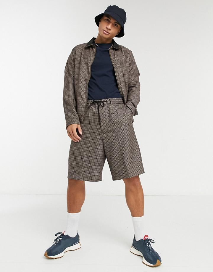 Asos Design Set Smart Wide Leg Shorts With Draw Cord Waist In Brown Mini Check