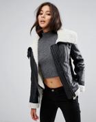 Missguided Black Faux Shearling Leather Look Aviator Pilot Jacket - Black