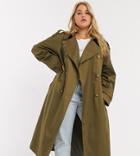 Asos Design Curve Longline Trench Coat In Khaki-green