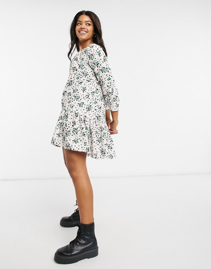 Asos Design Mini Pep Hem Volume Sleeve Smock Dress In Cream Base Floral-white