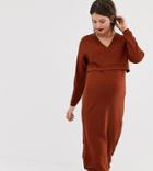 Asos Design Maternity Nursing Ripple Stitch Deep V Midi Dress In Eco Yarn-red