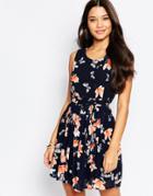 Style London Skater Dress In Floral Print - Navy