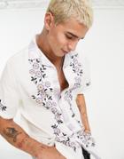 Asos Design Regular Revere Shirt With Embroidery And Satin Contrast Placket-white