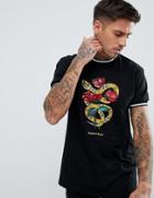 Pull & Bear Embroidered T-shirt In Black With Rose - Black