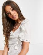 Asos Design Square Neck Short Sleeve Top With Lace Inserts In Ivory-white