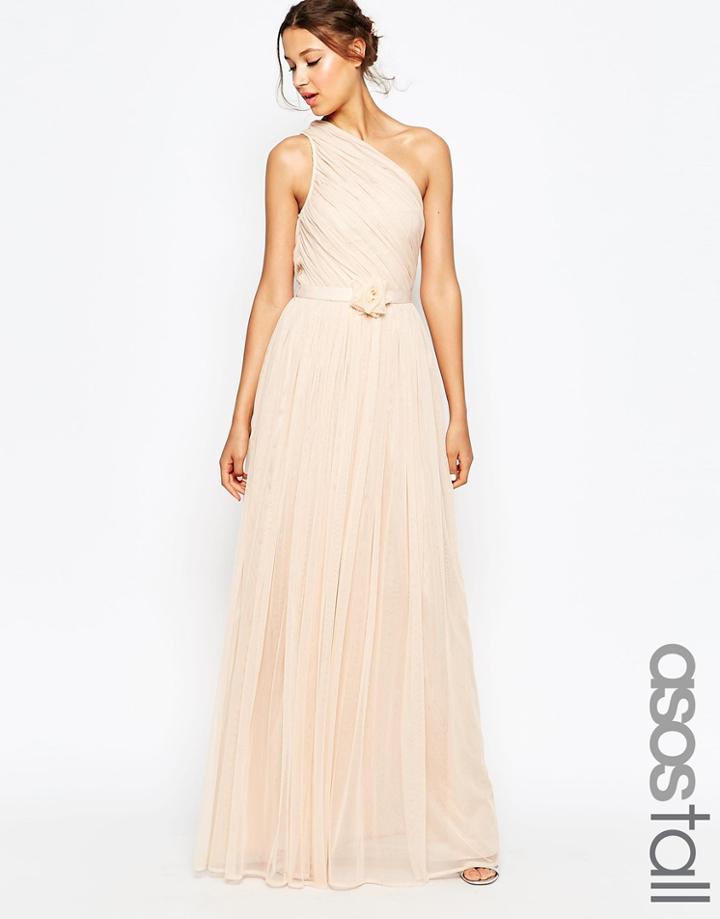 Asos Tall Wedding One Shoulder Maxi Dress With Corsage - Blush