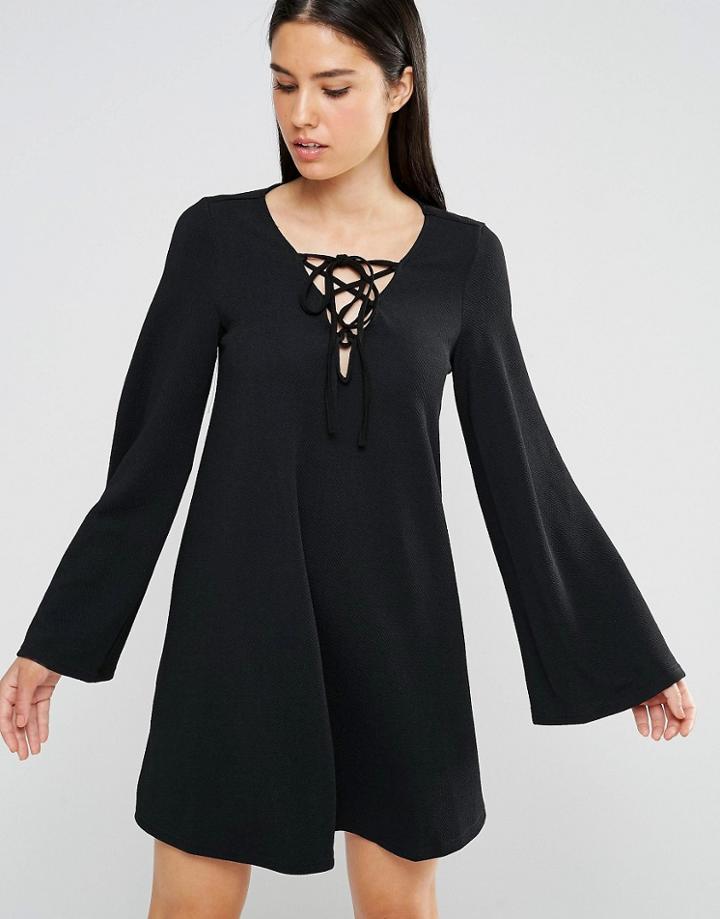 Ax Paris Swing Dress With Lace Up Detail - Black