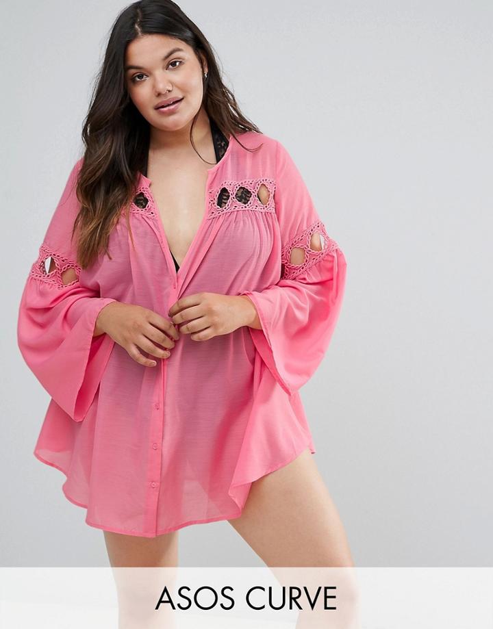 Asos Curve Beach Cover Up Shirt With Lattice Insert Detail - Pink