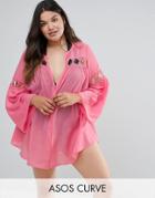 Asos Curve Beach Cover Up Shirt With Lattice Insert Detail - Pink
