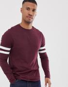 Asos Design Organic Long Sleeve T-shirt With Stretch With Contrast Sleeve Stripe In Burgundy - Red