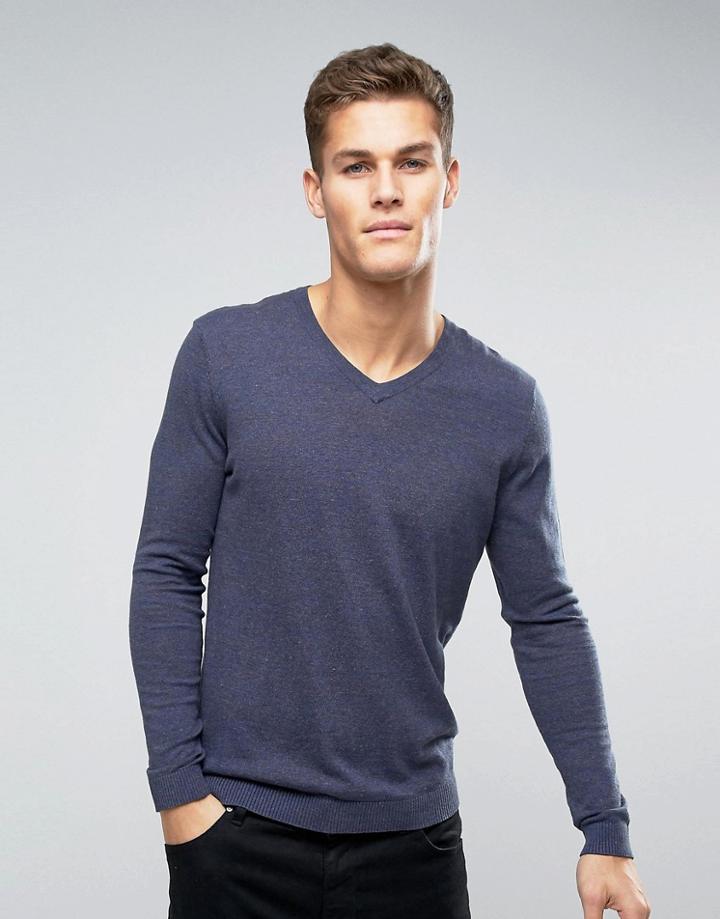 Asos V Neck Sweater In Navy Cotton - Navy