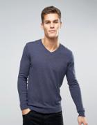 Asos V Neck Sweater In Navy Cotton - Navy