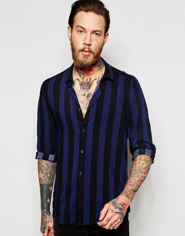 Asos Shirt In Navy And Black Vertical Stripe In Regular Fit - Navy