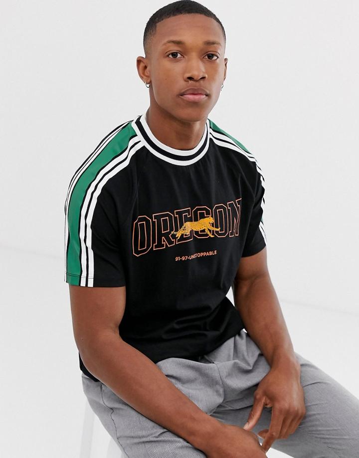 Asos Design Organic Cotton Relaxed Fit T-shirt With Chest Placement Print And Sleeve Stripe - Black