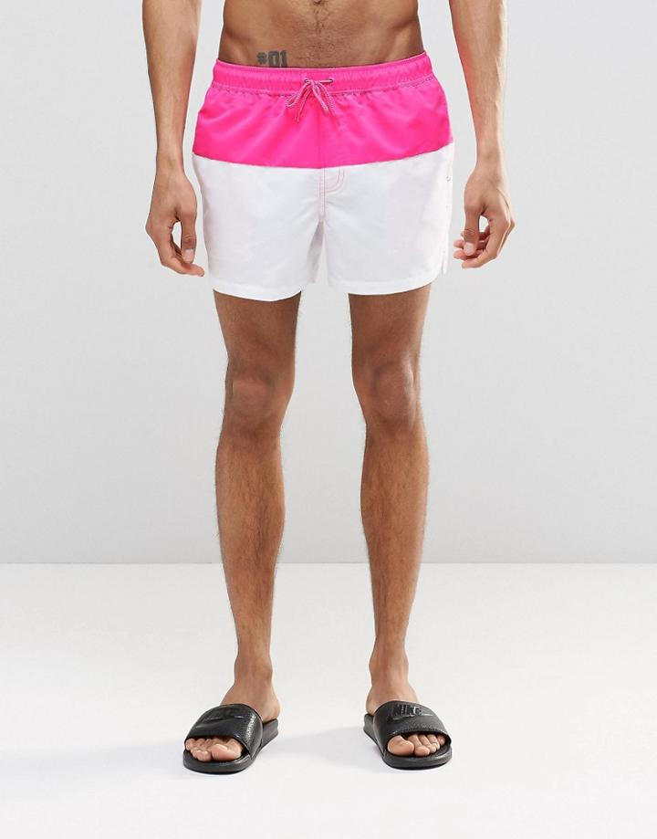 Asos Short Length Swim Shorts In White With Neon Pink Panel - Pink