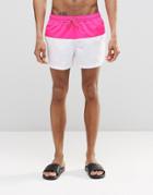 Asos Short Length Swim Shorts In White With Neon Pink Panel - Pink