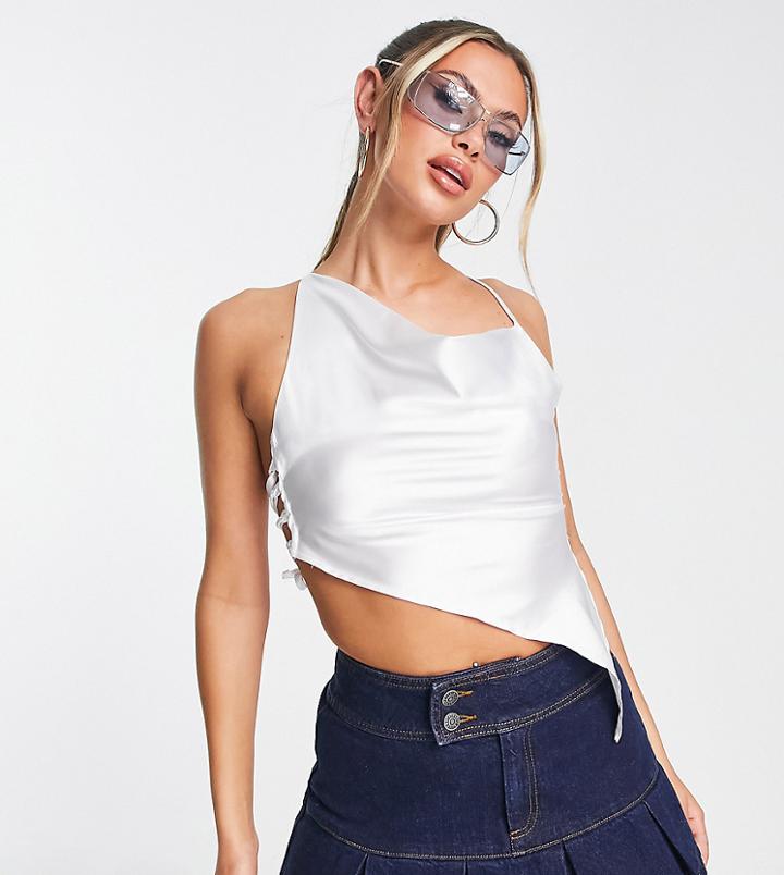 Asyou Satin Asymmetric Lace Up Cowl Cami Top In White