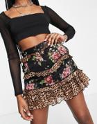 Asos Design Mini Skirt With Ruffle Detail In Animal & Floral Print-multi
