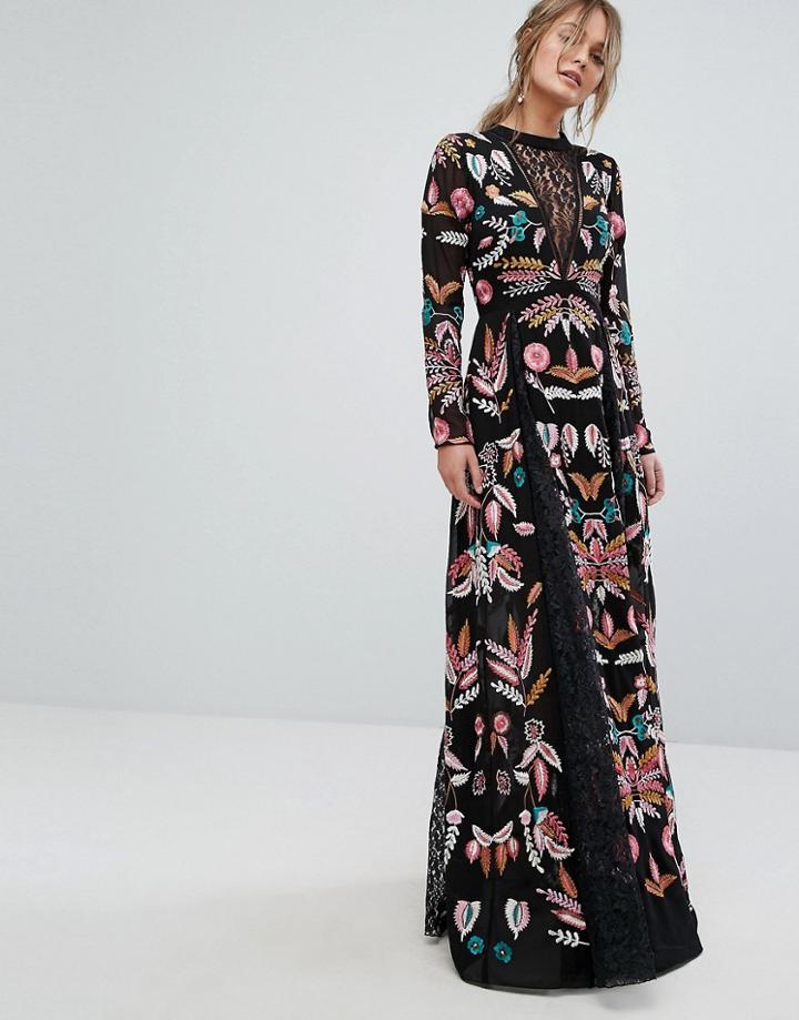 Frock And Frill Embroidered Maxi Dress With Lace Inserts - Black