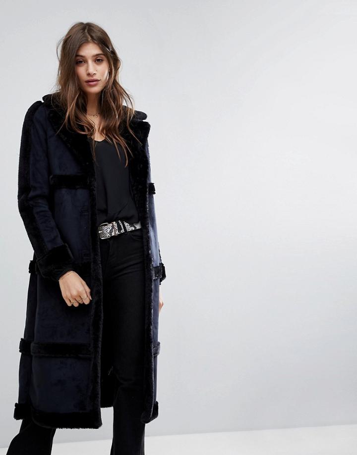 Vero Moda Longline Faux Shearling Panel Coat - Black