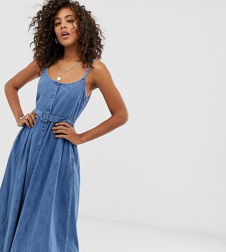 Asos Design Tall Denim Belted Midi Dress In Lightwash Blue