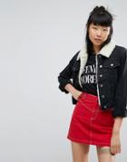 Asos Denim Shrunken Borg Jacket In Washed Black - Black