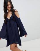 Lunik Bell Sleeve Cold Shoulder Tunic Dress With Embroidery - Navy