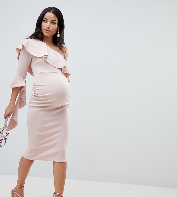 Asos Design Maternity One Shoulder Ruffle Midi Dress With Extreme Sleeve - Pink