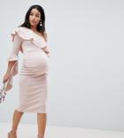 Asos Design Maternity One Shoulder Ruffle Midi Dress With Extreme Sleeve - Pink