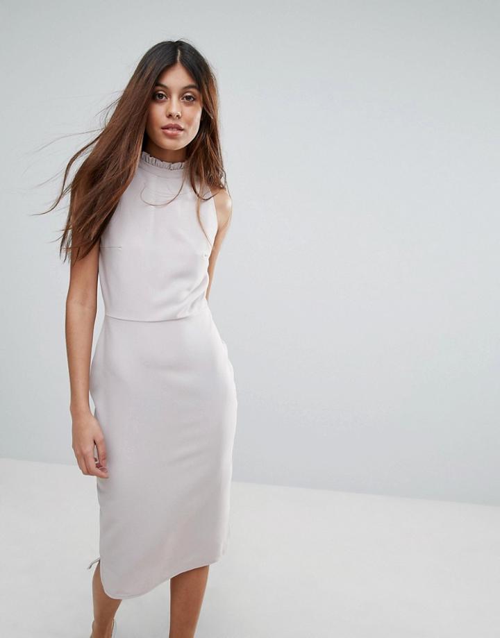 Alter Frill Neck Pencil Dress In Waffle Fabric - Gray