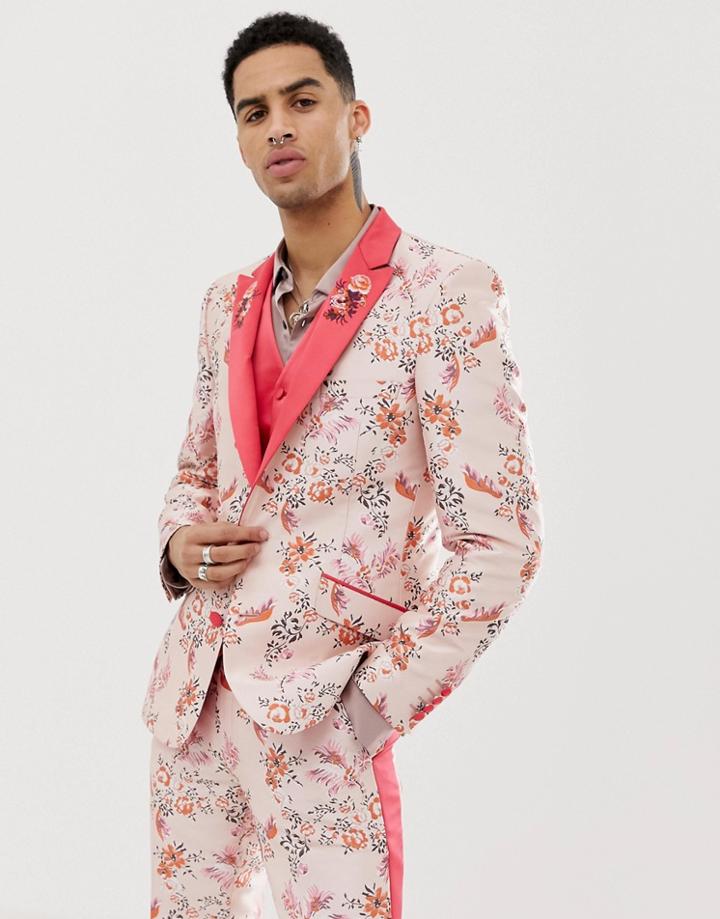 Asos Edition Skinny Suit Jacket In Pink Floral Jacquard With Embroidered Lapel - Pink