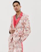 Asos Edition Skinny Suit Jacket In Pink Floral Jacquard With Embroidered Lapel - Pink