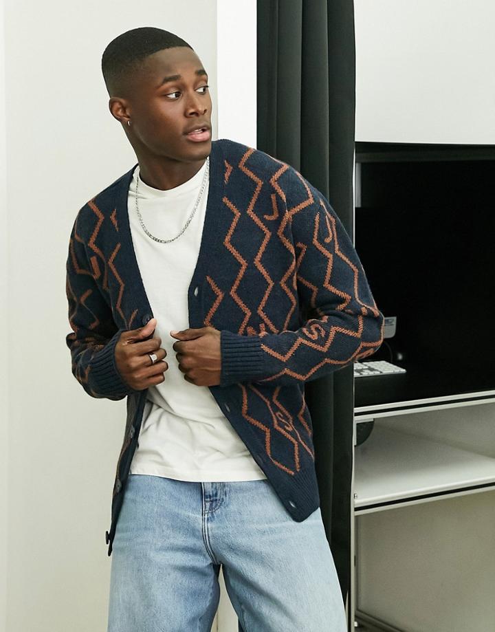 Jack & Jones Jacquard Cardigan In Navy Argyle Pattern